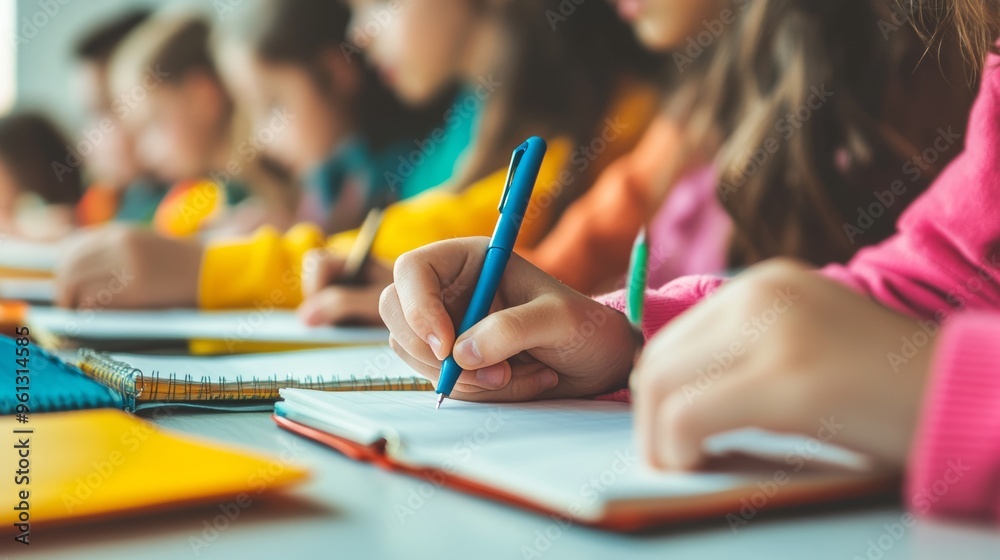 Kids taking a test in class with pens and notebooks. Kids taking a test in class with pens and notebooks.