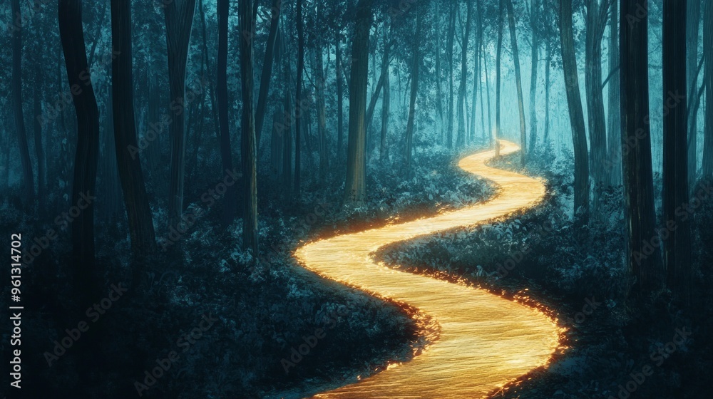 Fototapeta premium Luminous Trail Through Minimalist Woods, a serene pathway illuminated by soft light, inviting exploration amidst the simplicity of an enchanting forest landscape.