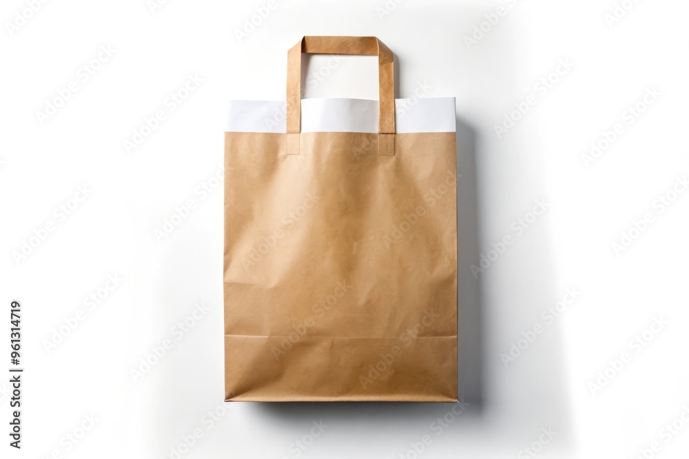 A kraft brown bag with a crisp white handle and closure tab, isolated on a clean white surface. A kraft brown bag with a crisp white handle and closure tab, isolated on a clean white surface.