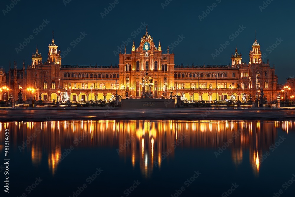 Plaza de Espana, Seville illuminated at night. Andalusia, Spain. Cultural and tourism... Plaza de Espana, Seville illuminated at night. Andalusia, Spain. Cultural and tourism...