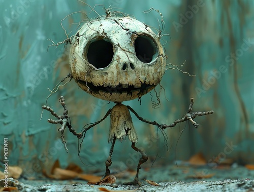 A skeletal creature with a cracked skull and twig limbs smiles creepily. photo