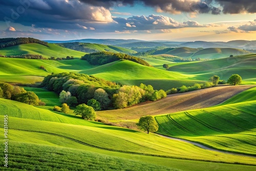 Beautiful landscape of rolling hills and green fields