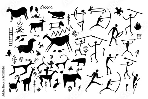 Cave painting on stone, ancient wall of prehistoric humans, animals, weapons. Primitive men and woman of tribe silhouette illustration. Vector caveman art background