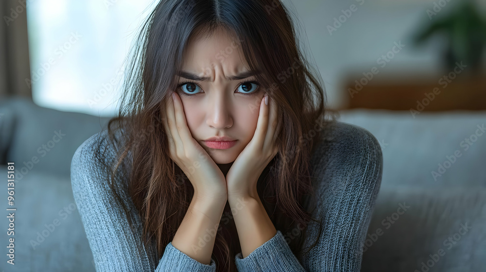 A young woman expressing frustration while resting her face on her hands. A young woman expressing frustration while resting her face on her hands.