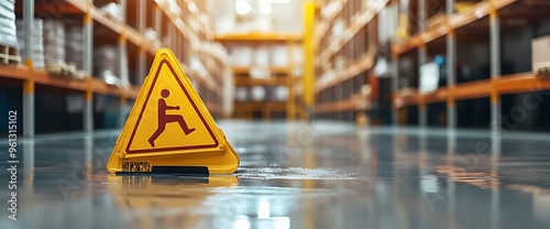 Yellow caution sign with a tripping hazard symbol in a warehouse. photo