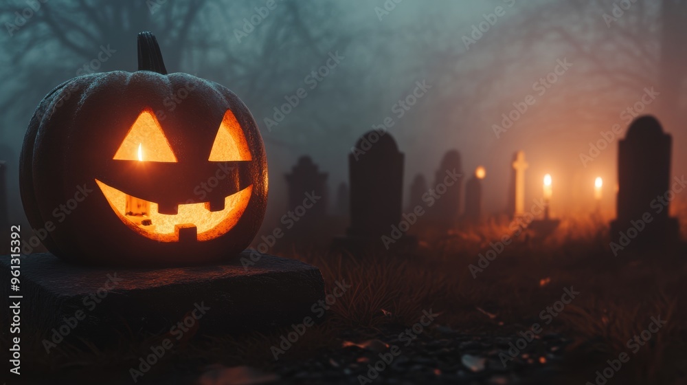 Misty graveyard with old tombstones and a glowing jack-o'-lantern Misty graveyard with old tombstones and a glowing jack-o'-lantern