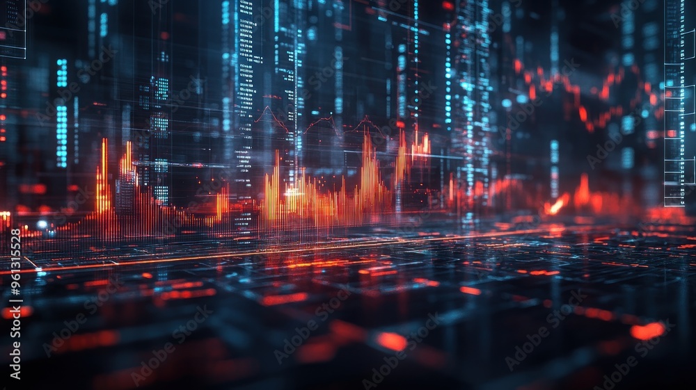 Fototapeta premium A rising financial chart in a technological setting, symbolizing financial growth, business success, and data visualization.