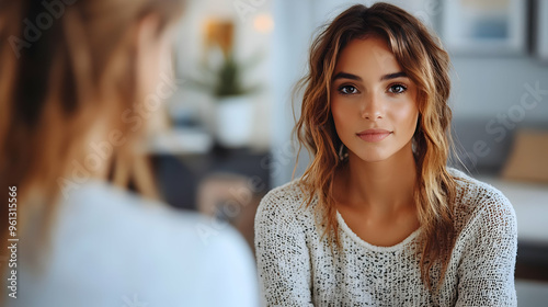A young woman gazes thoughtfully in a cozy indoor setting.