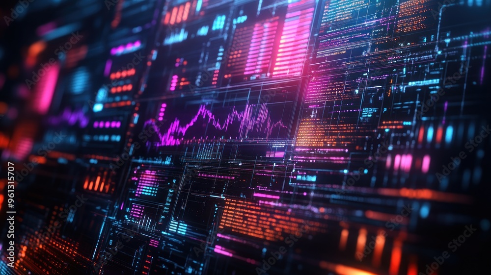 A digital financial chart with colorful data, representing business, technology, and data analysis. A digital financial chart with colorful data, representing business, technology, and data analysis.