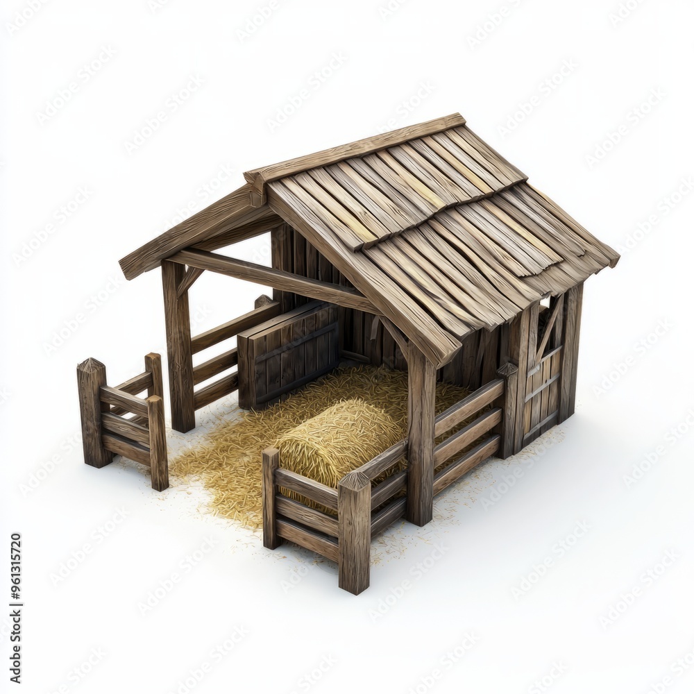 3D Render of a wooden stable with open stalls and a hay bale, on isolated white background 3D Render of a wooden stable with open stalls and a hay bale, on isolated white background