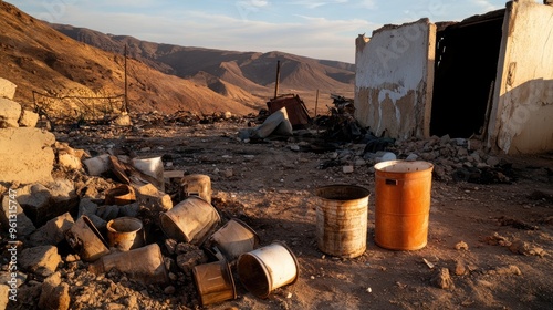 deserted village with empty food containers scattered around photo