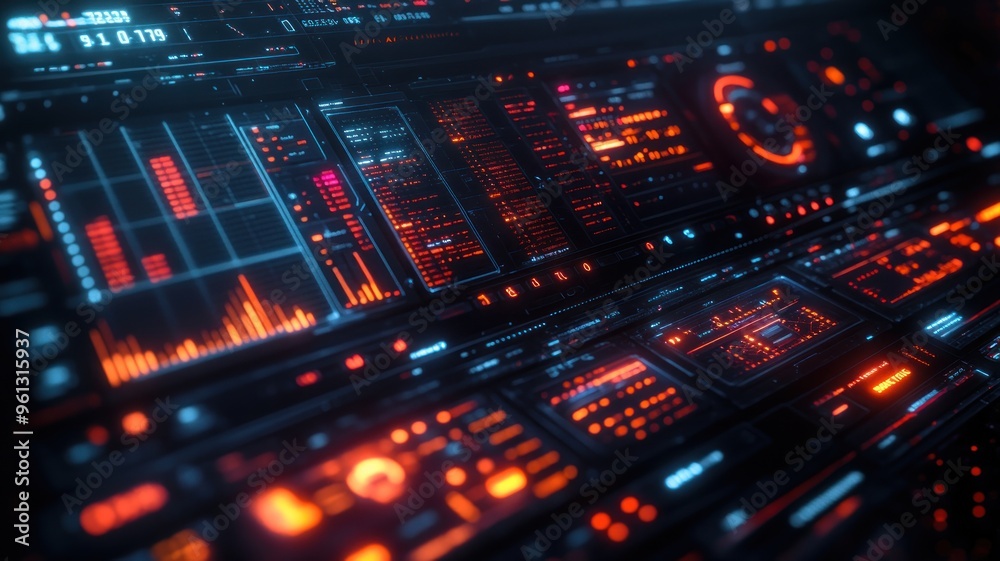 Obraz premium A futuristic financial dashboard, showcasing digital finance and data visualization with modern technology.