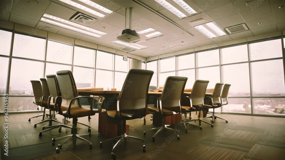 Empty conference room with large windows and modern office furniture, A high-tech conference room with state-of-the-art video conferencing equipment Empty conference room with large windows and modern office furniture, A high-tech conference room with state-of-the-art video conferencing equipment