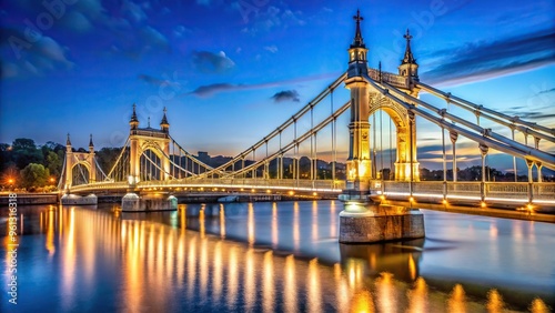 Beautiful view of Albert Bridge illuminated at nightfall in London photo