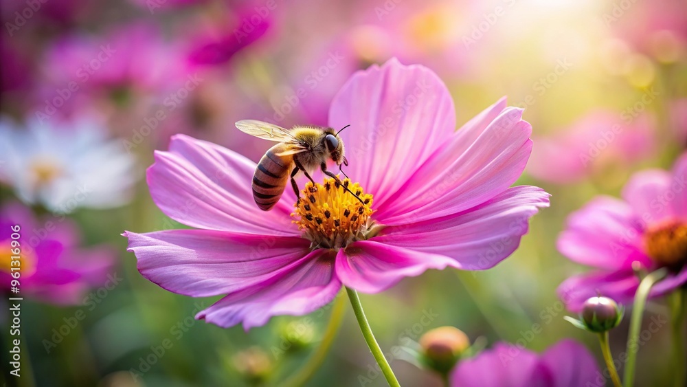 Bee collecting nectar from orange Cosmos flower Bee collecting nectar from orange Cosmos flower