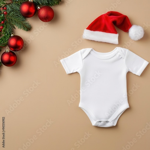 Baby bodysuit mockup with Santa hat, holiday garland and red ornaments, neutral background, holiday baby clothing mockup