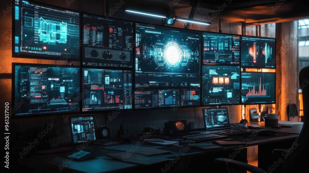 AI-driven advertising strategy being developed on multiple screens in a marketing office with focused lighting. AI-driven advertising strategy being developed on multiple screens in a marketing office with focused lighting.