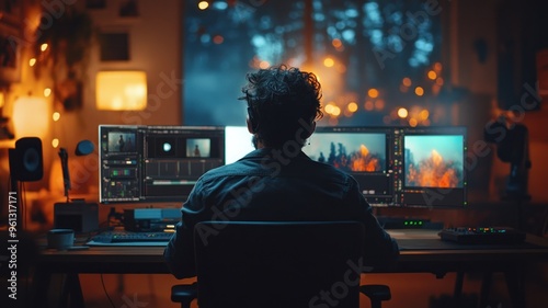 Filmmaker using AI tools for video editing in a well-lit professional editing suite.