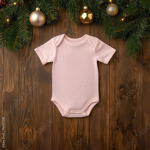 Baby girl bodysuit in light pink placed on a wooden surface with a festive backdrop of Christmas ornaments and glowing candles, Christmas baby girl bodysuit mockup