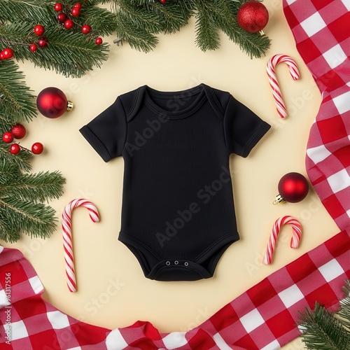 Baby girl bodysuit on plaid fabric, surrounded by Christmas decorations like red ribbons, candy canes, and ornaments, holiday baby girl apparel mockup