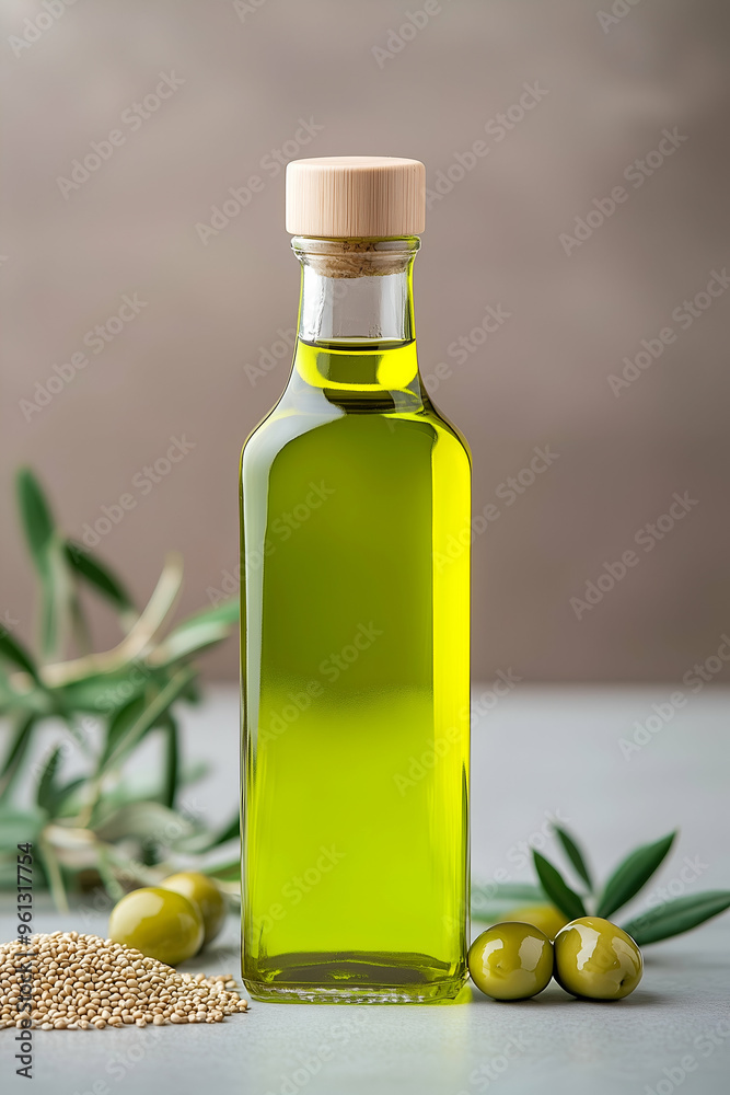 Olive Oil Bottle with Fresh Olives and Grain in a Mediterranean-Inspired Setting Olive Oil Bottle with Fresh Olives and Grain in a Mediterranean-Inspired Setting