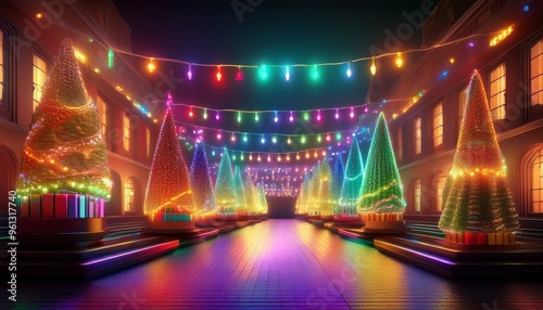 Christmas lights illuminating a product lineup, vibrant festive mood, 3D illustration, Soft Focus Christmas Tree Lights.