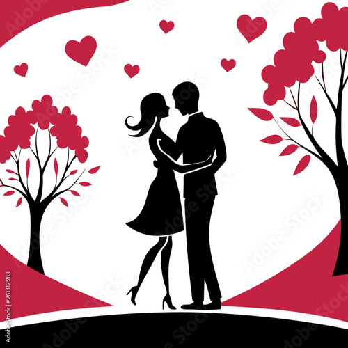 Romantic illustration of a man and woman hugging in the park in red and black tones