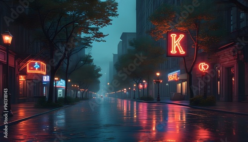 Eerie city street illuminated by neon K, wet pavement reflecting shadows, with ominous trees emerging from the ground in a dark atmosphere. photo