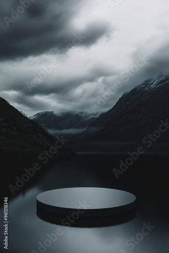 a cinematic advertisement shot of blank round stage podium in dark mountain and blue water, dark nature background photo