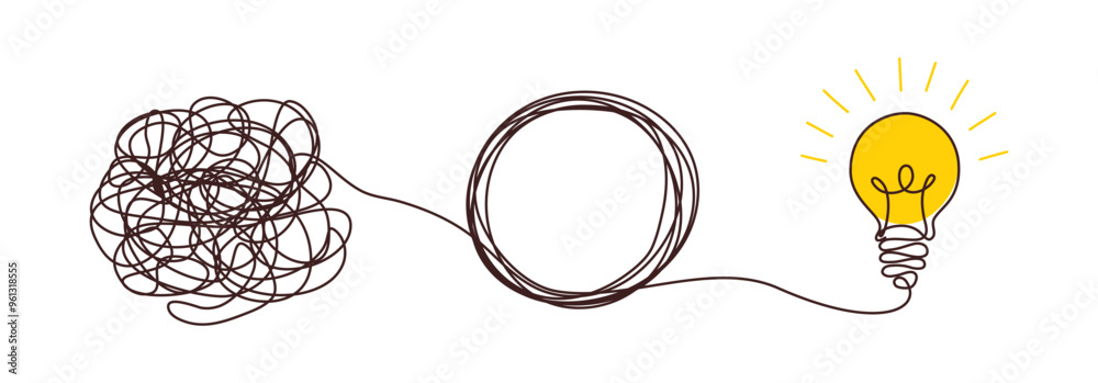 © astarte7893 - Light bulbs with confused concept of chaos. Complex way from start to idea. Tangle clarity or path in hand drawn style. Vector illustration