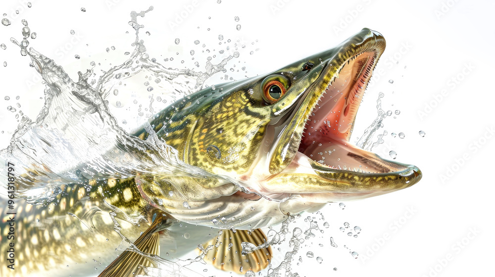 A fierce pike fish erupts from the water, sending splashes flying in a striking display of nature's energy and vitality A fierce pike fish erupts from the water, sending splashes flying in a striking display of nature's energy and vitality