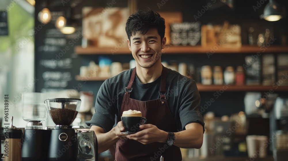 Friendly Barista Serving Freshly Brewed Coffee in a Modern Café Setting with a Warm Smile Friendly Barista Serving Freshly Brewed Coffee in a Modern Café Setting with a Warm Smile