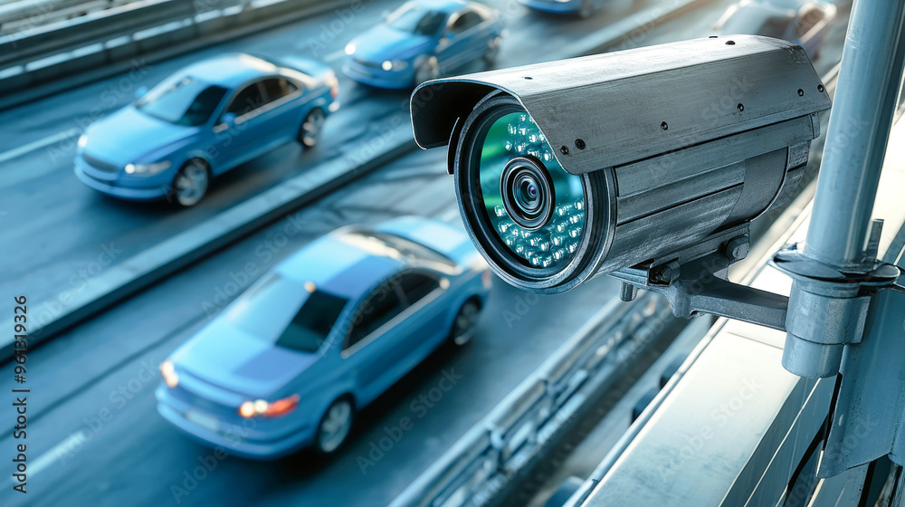 Fototapeta premium A close-up view captures a modern security camera keeping watch over a dynamic highway filled with blue cars, blending realism with cool tranquility