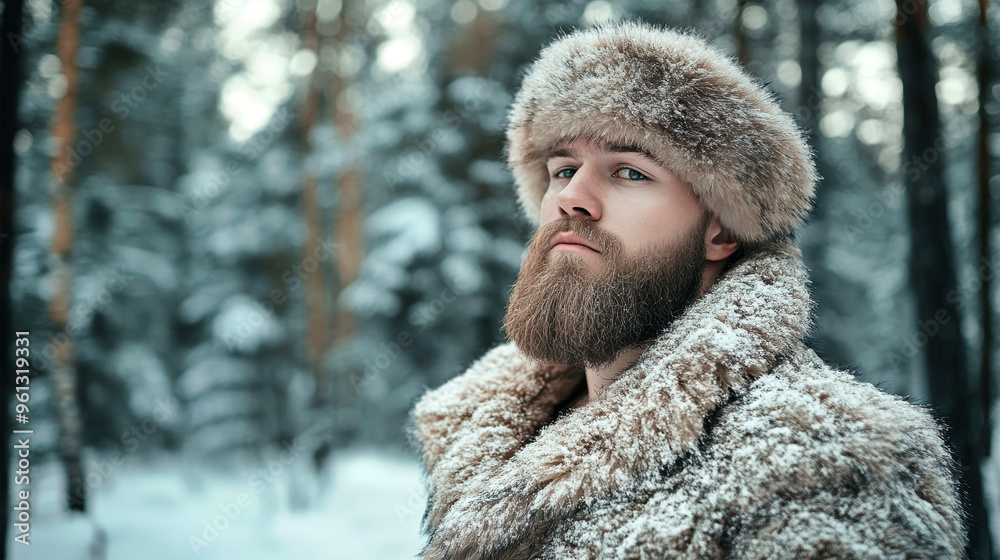 A rugged individual dons a fur hat and sheepskin coat, standing confidently in the snowy taiga, surrounded by serene winter landscapes of trees and snow