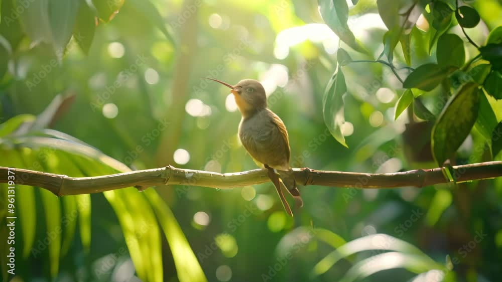 A small green hummingbird rests on a branch amidst a backdrop of lush green foliage in a tropical rainforest setting, A hummingbird perched delicately on a slender branch, framed by lush greenery A small green hummingbird rests on a branch amidst a backdrop of lush green foliage in a tropical rainforest setting, A hummingbird perched delicately on a slender branch, framed by lush greenery