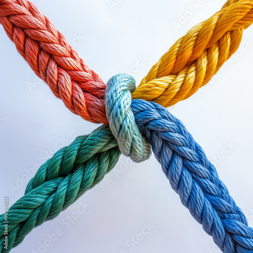 Colorful hemp rope knot symbolizes business unity and cooperation among different groups of people, white background scene photo