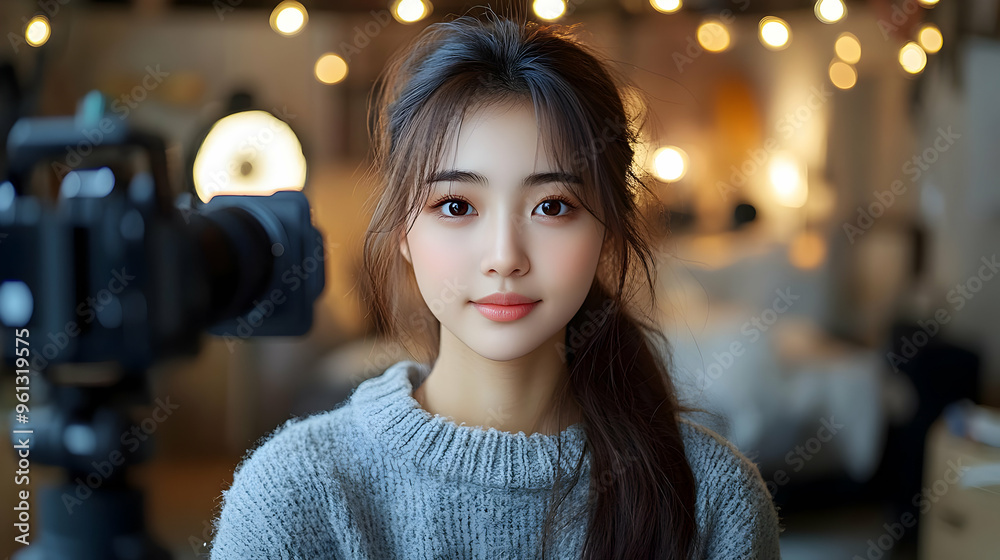 A young woman posing for a photo in a cozy, well-lit room. A young woman posing for a photo in a cozy, well-lit room.