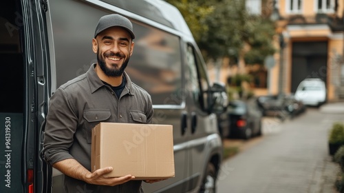 Smiling Delivery Man Holding a Package in Front of a Van on a Residential Street