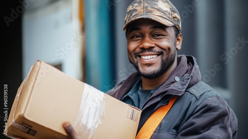 Smiling Delivery Man Holding a Package in a Camo Cap and Jacket, Ready for Delivery Service photo