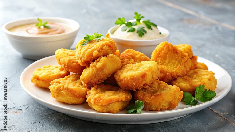 Tempting, golden-brown chicken nuggets piled high on a bright, white plate, accompanied by a side of creamy dipping sauce, on a modern, minimalist kitchen counter, bathed in soft, natural light. Tempting, golden-brown chicken nuggets piled high on a bright, white plate, accompanied by a side of creamy dipping sauce, on a modern, minimalist kitchen counter, bathed in soft, natural light.