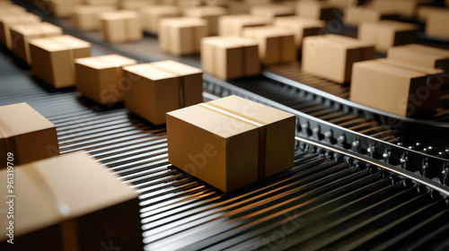 Cardboard boxes glide smoothly on a conveyor belt as they navigate a corner, depicting the efficient sorting process in a modern warehouse environment