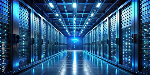 A dimly lit data center with rows of servers stretching into the distance, soft blue glow of LED lights, high contrast, and sharp focus. photo