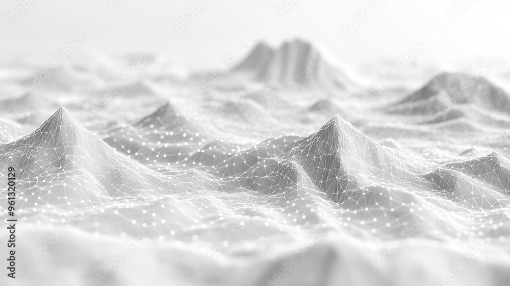 Obraz premium Abstract low-poly white background with polygonal mountains and connection lines.