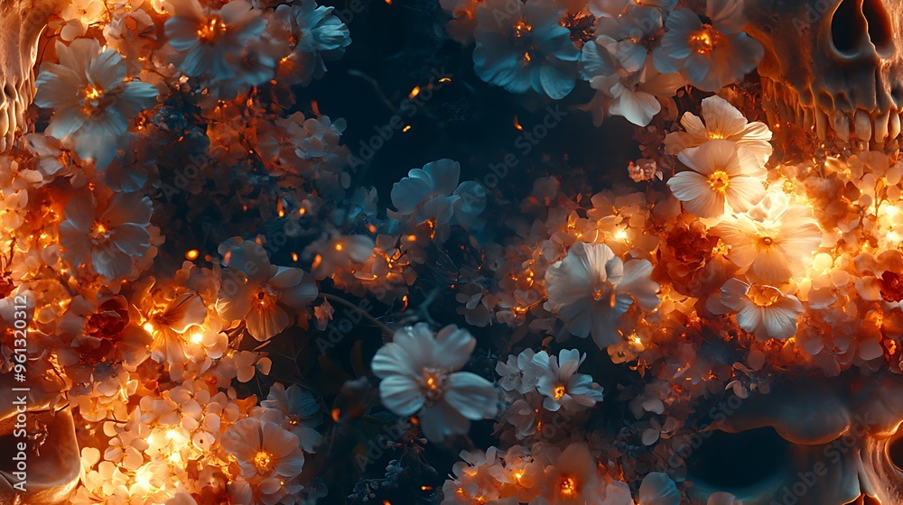 Fototapeta premium A charming skull surrounded by detailed floral arrangements, with bright colors and soft petals cascading down, set against a dark, mysterious background, light glowing from the flowers, hd quality,