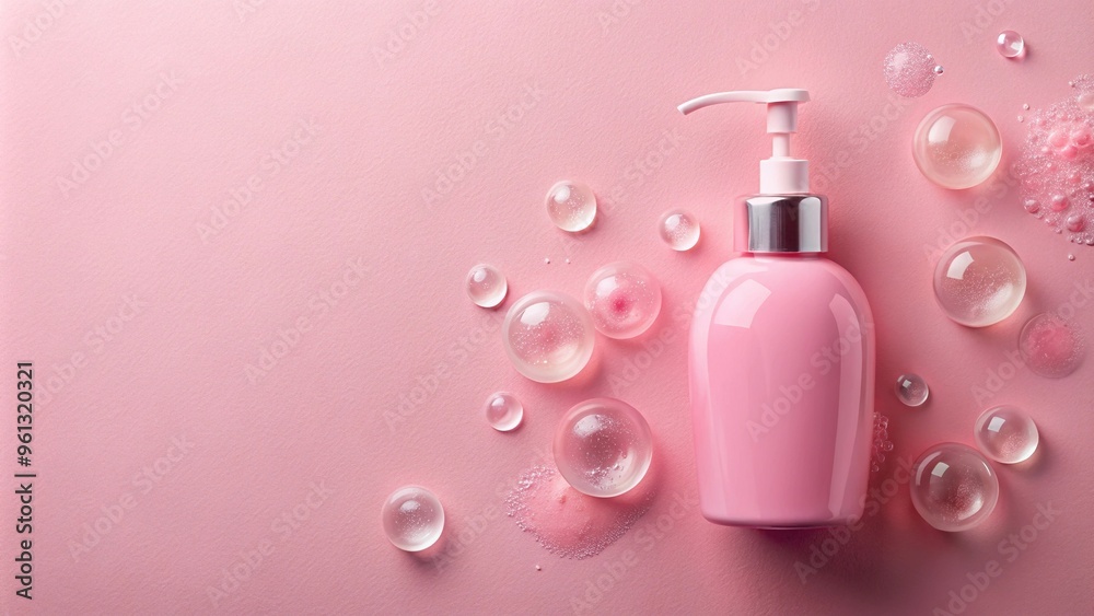 Bird eye view of pink soap dispenser with bubbles and foam on gentle pastel background