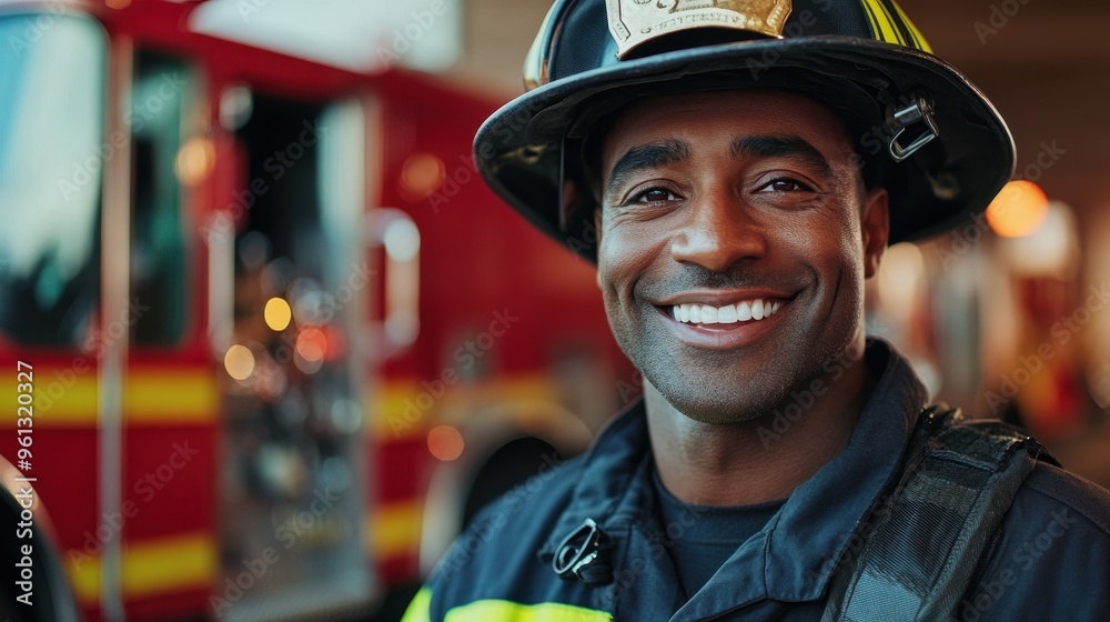 Smiling Firefighter in Uniform Standing in Front of Fire Truck at Fire Station Smiling Firefighter in Uniform Standing in Front of Fire Truck at Fire Station