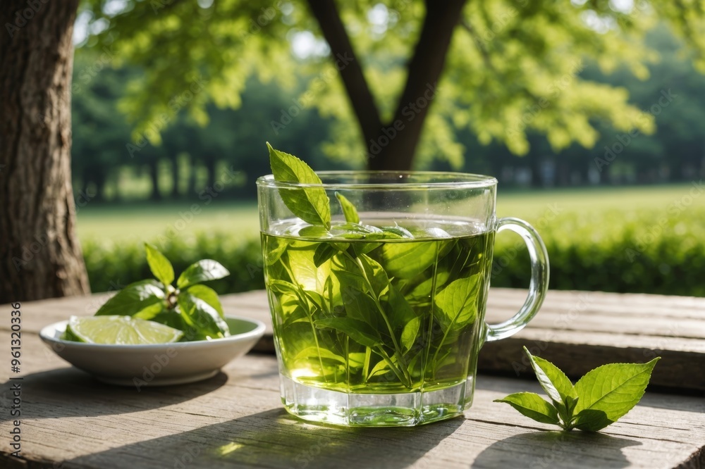 Image of summer green tea, cold tea enjoyed in the shade of a tree Image of summer green tea, cold tea enjoyed in the shade of a tree