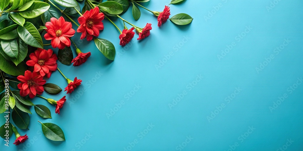 Bird eye view of red flowers and green leaves on a blue background. Bird eye view of red flowers and green leaves on a blue background.