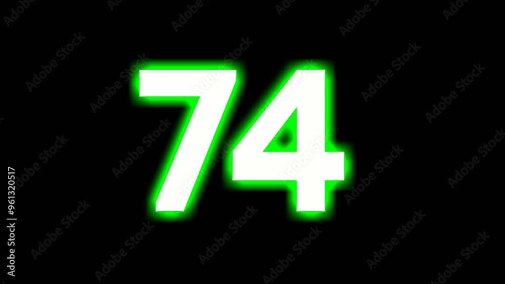 Neon number 74 seventy four sign symbol modern animation motion graphics flicking on black background,green color glowing and shining for video elements