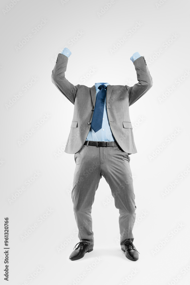 Businessman, invisible and winning with fashion for celebration in studio on a white background. Man, employee or transparent human with body language in suit, outfit or business attire for winner Businessman, invisible and winning with fashion for celebration in studio on a white background. Man, employee or transparent human with body language in suit, outfit or business attire for winner